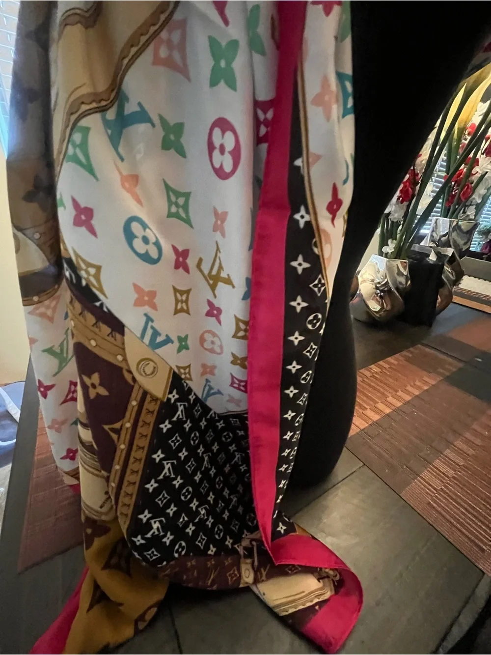 Luxury Monogram Pattern Oversized Scarf - Multicolor with Fuchsia Trim 100% Silk